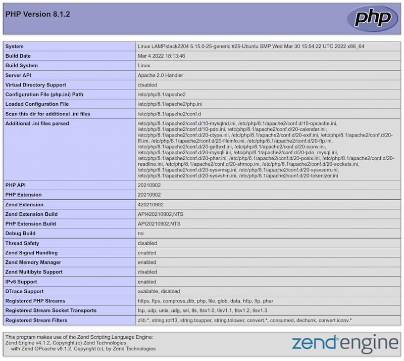 如何在 Ubuntu 22.04 上安装 Linux、Apache、MySQL、PHP (LAMP) 堆栈,Ubuntu 22.04 PHP 网页显示有关当前 PHP 版本和设置的相关信息,第3张