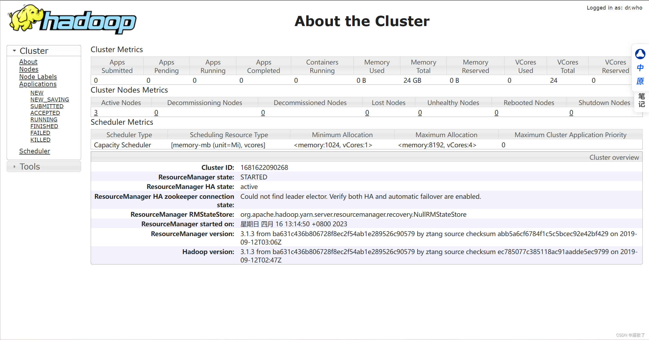 HDFS编程实践(Hadoop3.1.3),About the Cluster 界面,第25张